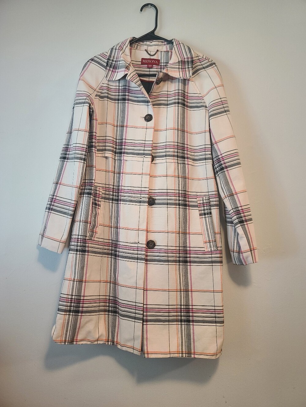 Merona Plaid Trench Coat Size M Lightweight Spring Jacket Cream Plaid Academia